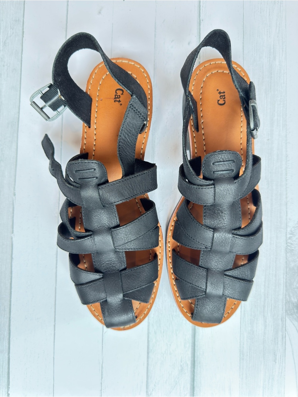 Caterpillar Black Leather Fisherman Sandals with Tan Insole